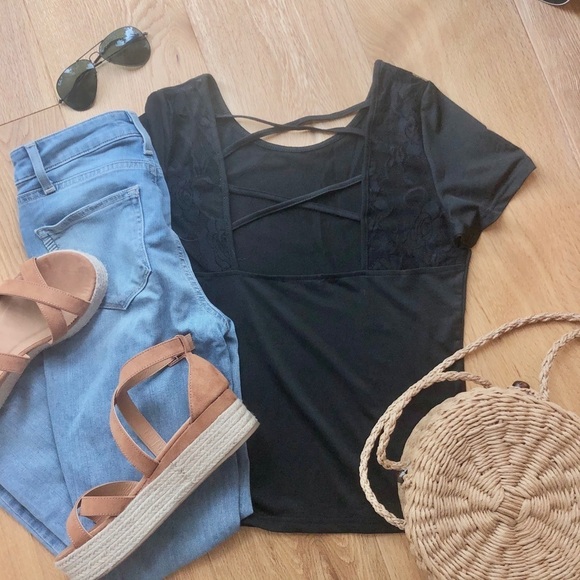 SHEIN BLACK LACE CRISSCROSS BACK TEE -  M - Picture 4 of 12